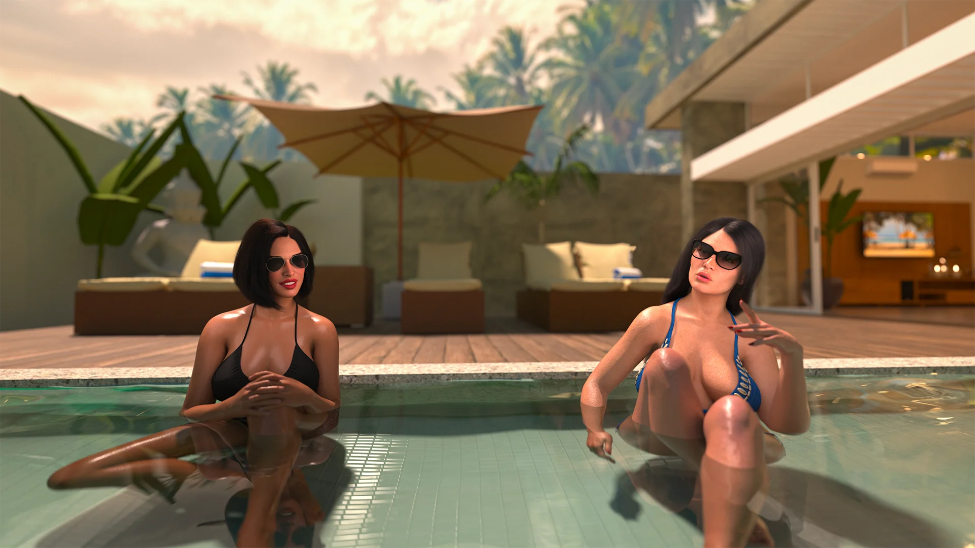Two women relaxing in a villa pool